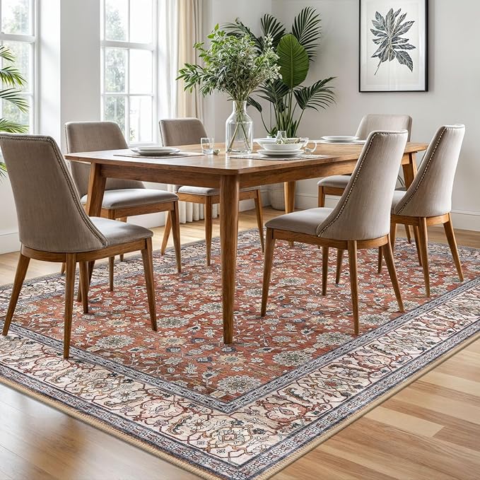 KUTA Vintage Floral 6x9 Area Rugs, Washable Rugs for Living Room Non Slip, Red Clay Ultra Thin Soft Print Distressed Flower Low-Pile Traditional Carpet for Bedroom Dining Room Dorm Office