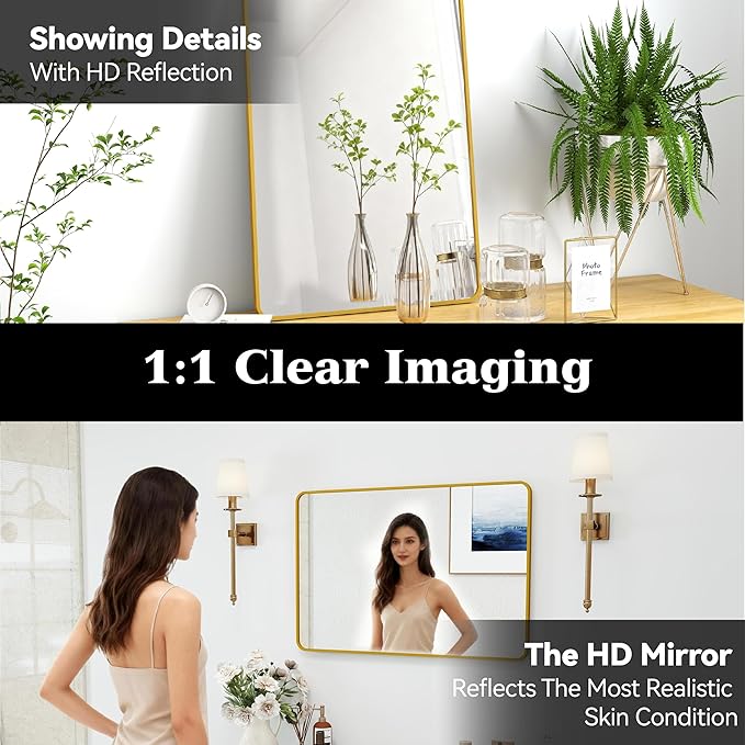 SCWF-GZ 20x30 Rectangle Mirror Full Length Wall Mounted Hanging or Against Wall Metal Frame Dressing Make-up Mirrors for Entryway Bedroom Bathroom Living Room 20 30 inch Gold
