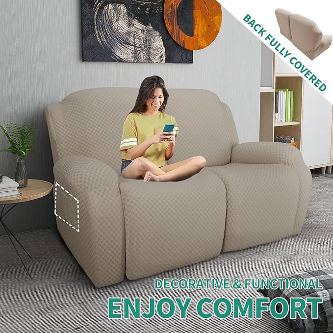YEMYHOM 6 Pieces Stretch Loveseat Recliner Slipcover Jacquard Recliner Sofa Cover with Side Pocket Fitted Recliner Cover Couch Furniture Protector with Elastic Bottom (Medium, Khaki)