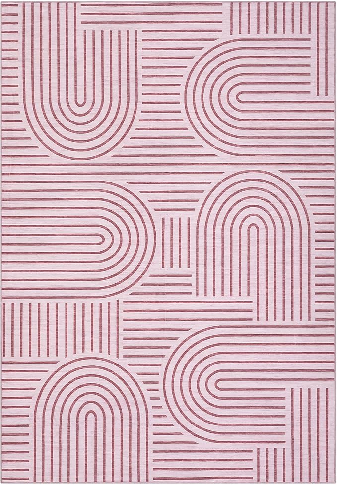 ROYHOME Washable Rug 5x7 Area Rugs for Living Room, Abstract Rug for Bedroom, Soft Rainbow Non Slip Throw Rugs with Rubber Back, Low Pile Stain Resistant Boho Geometric Carpet for Dining Room, Pink
