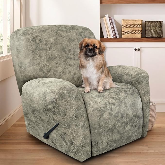 ANARACHON Recliner Chair Covers Leather Look, 4 Pieces Recliner Covers Non Slip, Soft Slipcovers for Large Recliners, Furniture Protector Washable for Pets (1 Seater, 03 Beige)