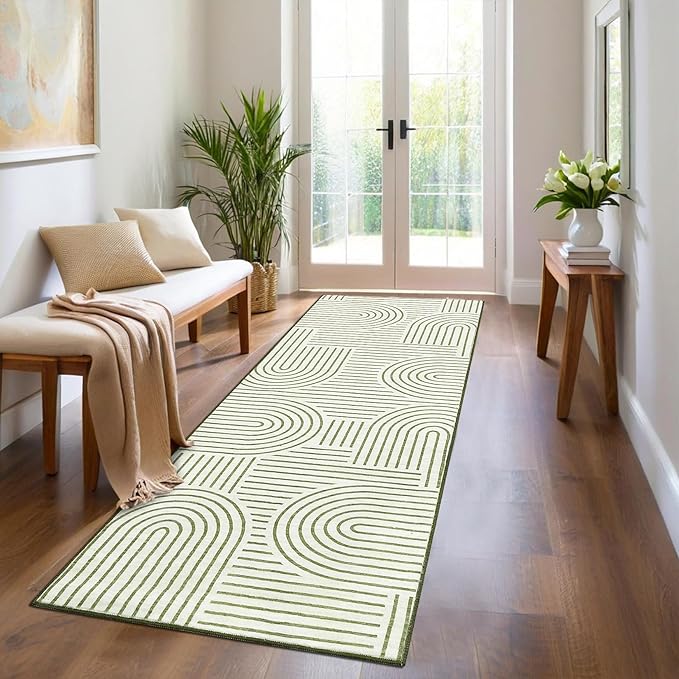 ROYHOME Modern Rug 2.5x10 Runners for Hallways, Abstract Kitchen Runner Rugs Non Slip Bath Runner, Rainbow Washable Rug for Bedroom, Soft Long Rugs for Entryway Bathroom Laundry Dorm, Green