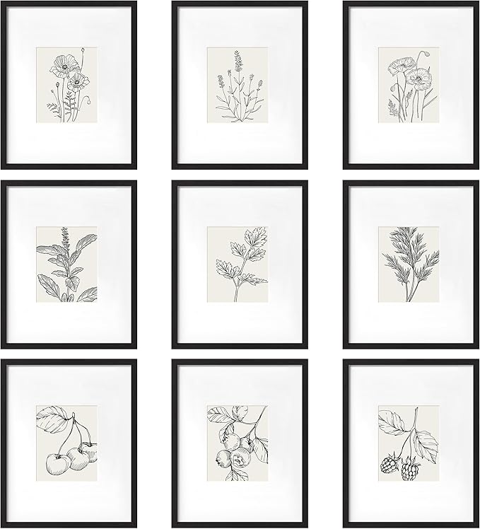 eletecpro 16x20 Picture Frame Set of 9, Display Photos 8x10 with Mat or 16 x 20 Without, Classic Gallery Wall Frame Set for Home, Large Poster Frames for Horizontal & Vertical Mounting, Black