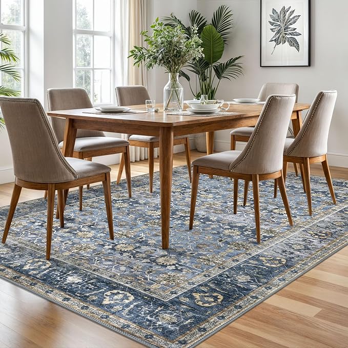 KUTA Vintage Floral 6x9 Area Rugs, Blue Grey Beige Washable Rugs for Living Room Non Slip, Ultra Thin Soft Print Distressed Flower Low-Pile Traditional Carpet for Bedroom Dining Room Dorm Office