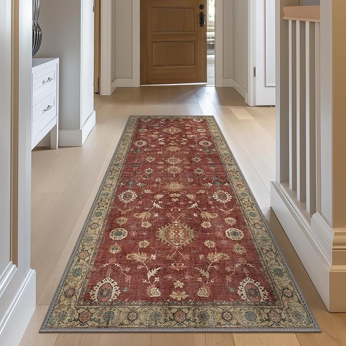 GENIMO Runner Rug for Hallways Machine Washable, 2x8 Non Slip Boho Vintage Lightweight Washable Runners, Thin Floor Rugs for Entryway Hallway Bathroom Laundry Room Corridor, Red