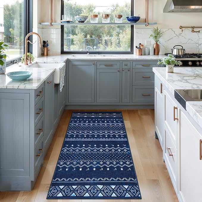 SERISSA 2x4 Rugs for Entryway, Washable Non-Slip Blue and White Small Runner Rug, Soft Low-Pile Boho Geometric Indoor Entry Rug Door Mat Indoor Entrance Front Door Carpet for Bathroom Kitchen Bedroom