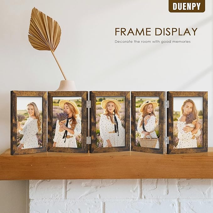 5 Folding 4x6 Picture Frame Horizontal Engineered Wood Accordion Photo Frame with Plexiglass Tabletop Bookshelf Display Brown