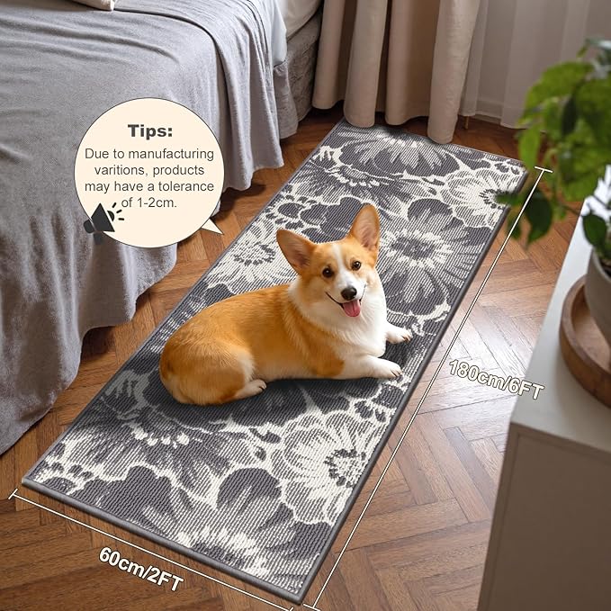 Findosom Hallway Runner Rug 2x6, Non Slip High-Low Textured Floral Washable Runner Rug with Rubber Backing, Boho Carpet Runner for Kitchen, Entryway, Bedroom, Laundry, Gray