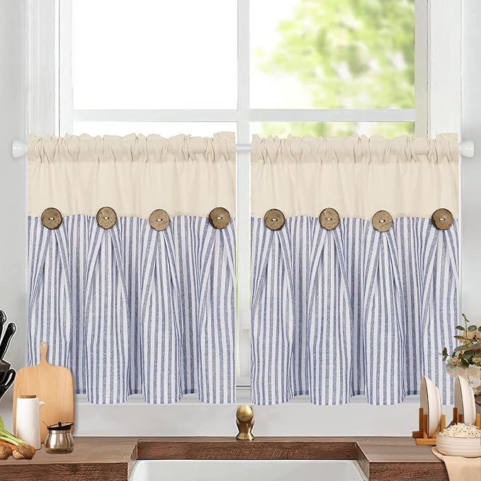 ASPMIZ Cotton Linen Kitchen Curtains 24 Inch Length Sets, Boho Rustic Button Tier Curtain Farmhouse Blue Stripe Half Window Curtains, Country Short Rod Pocket Curtain for Small Window, 2 Panels