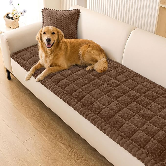 Smiry Non Slip Couch Covers for Dogs, Fuzzy Pet Couch Covers for 3 Cushion Sofa Pet Friendly, Soft Sofa Slipcovers Cushion Furniture Protector Washable (Brown, 27.6" x 70.9")