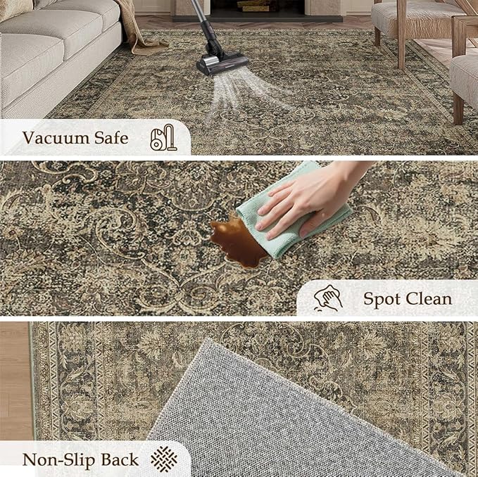 6x9 Washable Area Rug Brown Vintage Non Slip Soft Medium Pile Rug for Living Room Bedroom Dining Room Office Distressed Oriental Indoor Throw Carpet for Home Decor