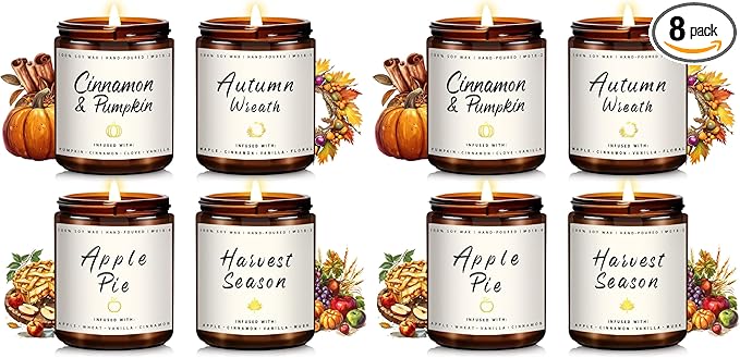 Auelife Fall Candle Set | 8 Pack Scented Candles for Home - Candle Gifts for Women Men, Soy Candles Home Scented | Autumn Fragrance of - Apple Pie/Cinnamon/Harvest/Wreath