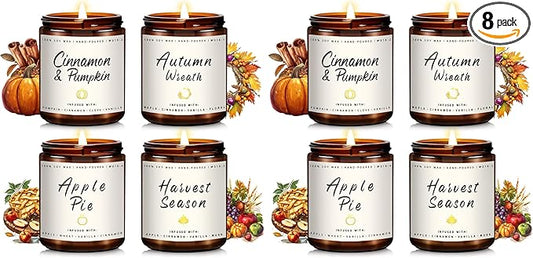 Auelife Fall Candle Set | 8 Pack Scented Candles for Home - Candle Gifts for Women Men, Soy Candles Home Scented | Autumn Fragrance of - Apple Pie/Cinnamon/Harvest/Wreath