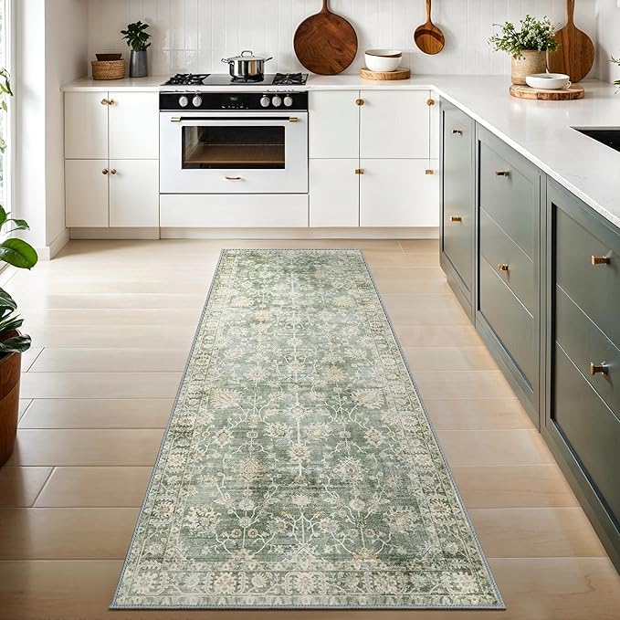 GENIMO Runner Rug for Hallways Machine Washable, 2x6 Non Slip Boho Vintage Lightweight Washable Runners, Thin Floor Rugs for Entryway Hallway Bathroom Laundry Room Corridor, Light Sage