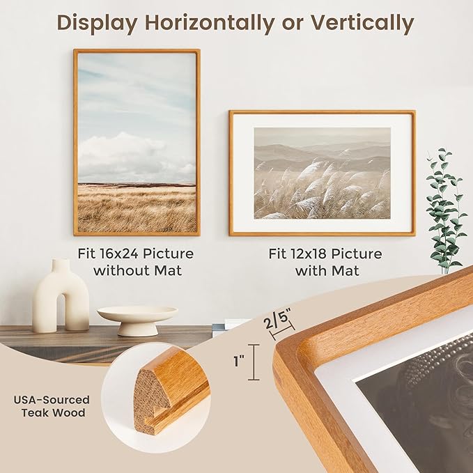 16x24 Poster Frame, USA-Sourced Teak Wood Picture Frame with HD Tempered Glass, Handcrafted Rounded Corner 16 x 24 Wooden Frames Matted to 12x18 Photos, Horizontal or Vertical Wall Display