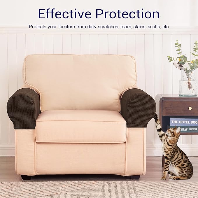 SUBRTEX Stretch Couch Arm Covers Set of 2, Checkered Sofa Arm Slipcovers, Anti-Slip Armrest Covers for Recliner and Armchairs, Pet Proof, High Stretchy, Hook & Loop Tape, Chocolate