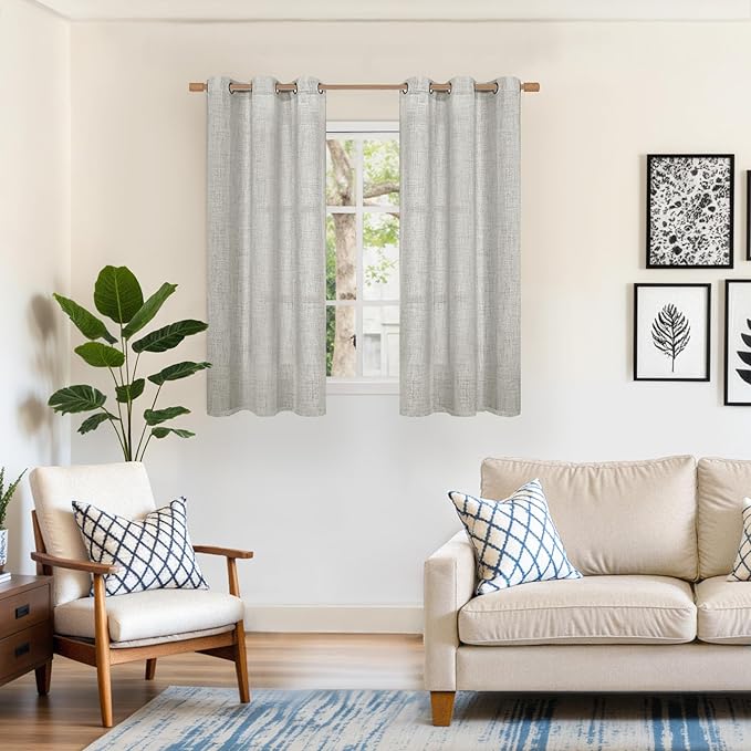 YoungsTex Light Grey Linen Curtains 54 Inch Length for Short Windows, Light Filtering Drapes with Bronze Grommet Privacy for Bathroom Bedroom Living Room, 2 Panels, 42 X 54 Inch