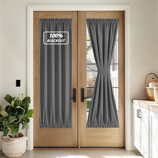 NICETOWN 100% Blackout Door Curtain Thermal Insulated Privacy Curtain for French Front Door with Adjustable Tieback, Room Darkening Window Covering for Kitchen, W30 x L72, 1 Panel, Grey