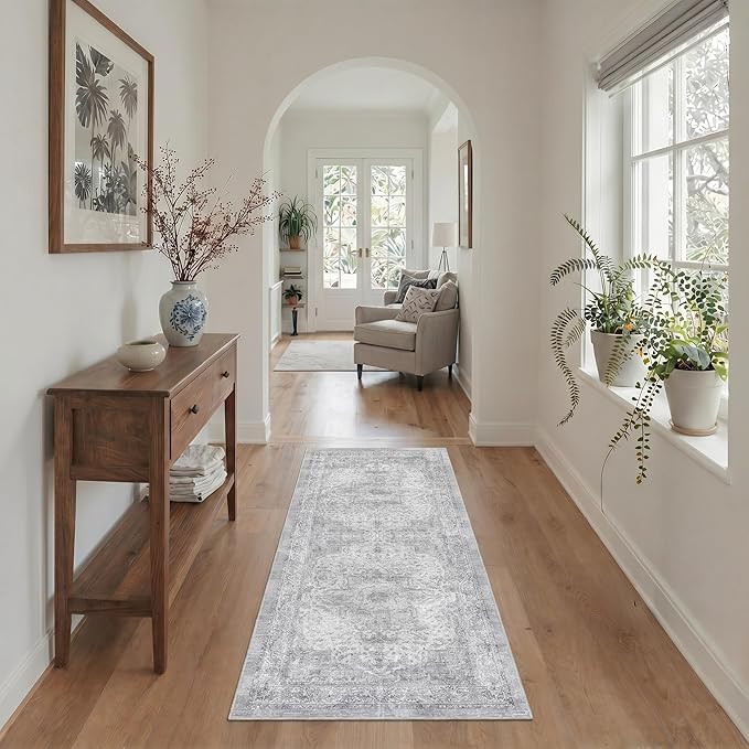 GENIMO Runner Rug for Hallways Machine Washable, 2x8 Non Slip Boho Vintage Lightweight Washable Runners, Thin Floor Rugs for Entryway Hallway Bathroom Laundry Room Corridor, Grey