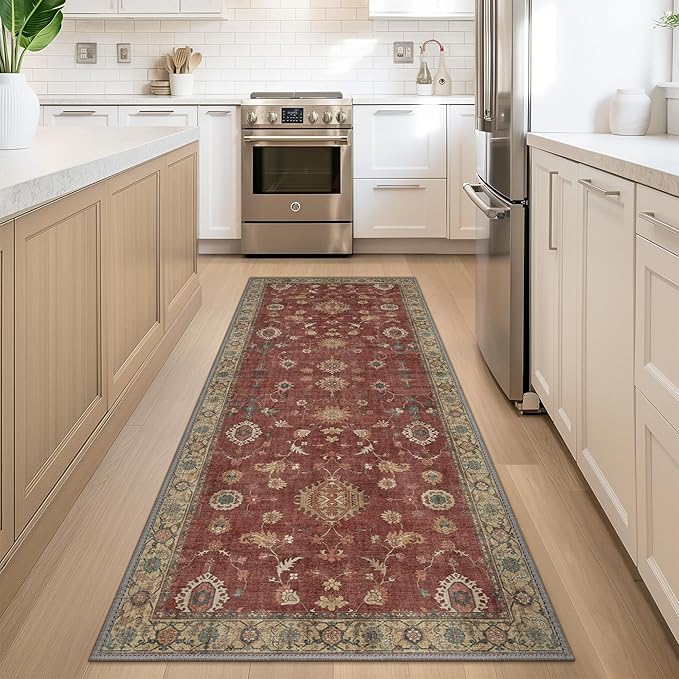 GENIMO Runner Rug for Hallways Machine Washable, 2'6''x8 Non Slip Boho Vintage Lightweight Washable Runners, Thin Floor Rugs for Entryway Hallway Bathroom Laundry Room Corridor, Red