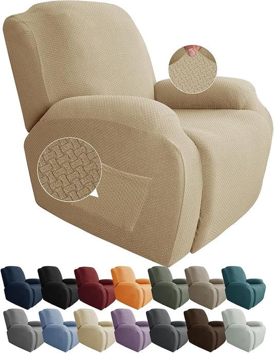 JIVINER 4-Piece Recliner Chair Covers Stretch Jacquard Covers for Reclining Chair Recliner Slipcovers for Living Room Soft Recliner Protector with Pocket (Recliner, Light Beige)
