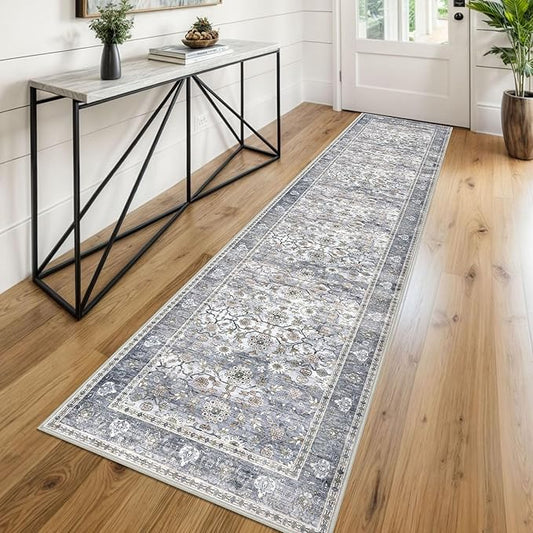 KUTA Vintage Floral Washable Hallway Runner, 2x8 Runners for Hallways Non-Slip Kitchen Rugs Grey Blue Ultra Thin Soft Printed Distressed Oriental Floor Carpet for Laundry Bedroom Living Room Nursery