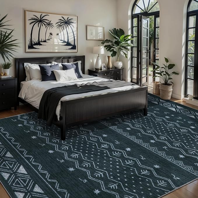 SERISSA 5x7 Area Rugs for Living Room, Washable Non-Slip Grey Boho Rug, Soft Low-Pile Geometric Indoor Large Carpet for Dining Room Bedroom Home Office Playroom