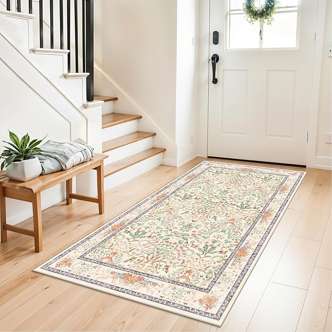 3x6 Botanical Rug Washable Non-Slip – Soft Wide Floor Carpet Runner for Kitchen Entryway Hallway Bathroom, Vintage Florals Animals Low Pile Area Rug (Cream)