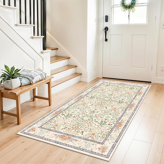 3x6 Botanical Rug Washable Non-Slip – Soft Wide Floor Carpet Runner for Kitchen Entryway Hallway Bathroom, Vintage Florals Animals Low Pile Area Rug (Cream)