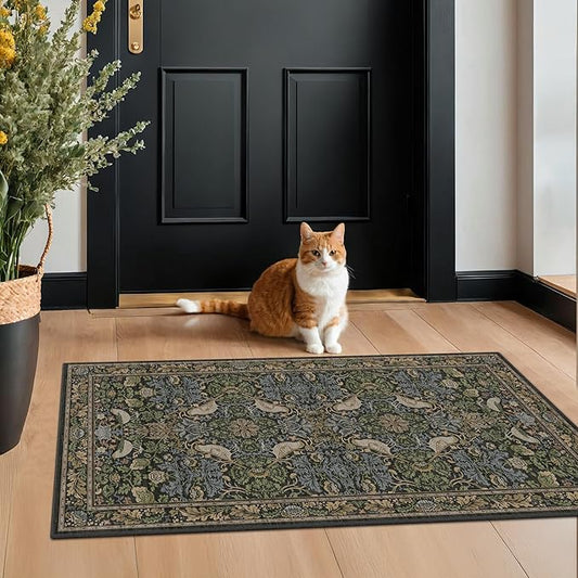 Washable Dark Vintage Floral Rugs for Entryway - Small 2x4 Runner Rug for Kitchen Bathroom Door Mat Indoor Entrance with Bird & Botanical Pattern, Brown Earthy Tones, Non Slip Low Pile