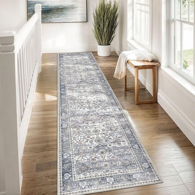 KUTA Vintage Floral Washable Hallway Runner, 2x8 Runners for Hallways Non-Slip Kitchen Rugs Grey Blue Ultra Thin Soft Printed Distressed Oriental Floor Carpet for Laundry Bedroom Living Room Nursery