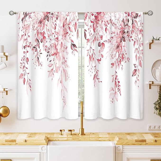 Pink Eucalyptus Botanical Leaves Floral Window Curtains Farmhouse Rustic Flower Plant Wildflower Farmhouse Curtain Drapes Herb Curtains for Bedroom Living Room Treatment 42Wx45H Inch