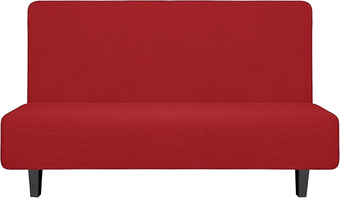 Easy-Going Stretch Futon Slipcover Armless Futon Bed Cover Furniture Protector Without Armrests with Elastic Bottom for Kids, Soft Jacquard Fabric Small Checks (Medium, Christmas Red)