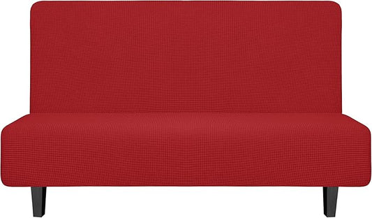 Easy-Going Stretch Futon Slipcover Armless Futon Bed Cover Furniture Protector Without Armrests with Elastic Bottom for Kids, Soft Jacquard Fabric Small Checks (Medium, Christmas Red)