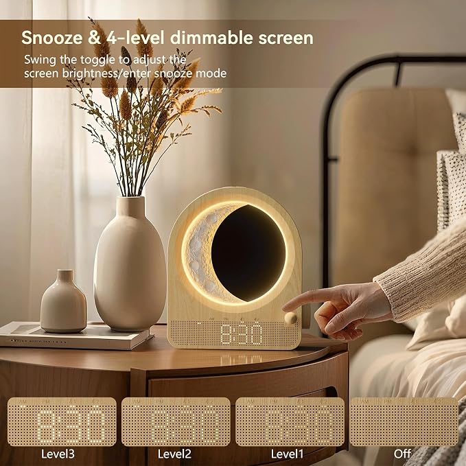 blonbar Sunrise Alarm Clocks for Bedrooms, Stepless Dimmable Moon Lamp Dual Alarm Clock with 12Levels Volume for Heavy Sleepers, 10 Natural Sounds with 30/60/90mins Timer, Gifts for Women - Image 7