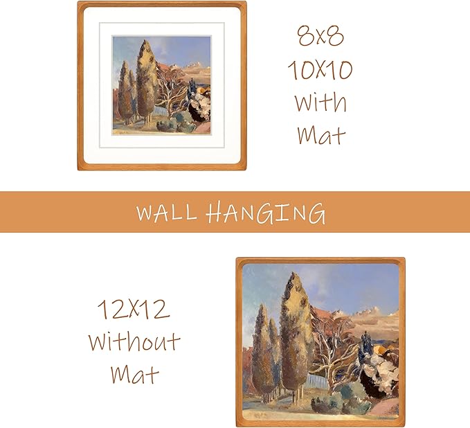 Square 12x12 Picture Frame with Mat for 8x8/10x10, Natural Teak Wood Handcrafted Rounded Corner with Real Glass, Vertical or Horizontal Display Photo Gallery Wall Mounting Frame
