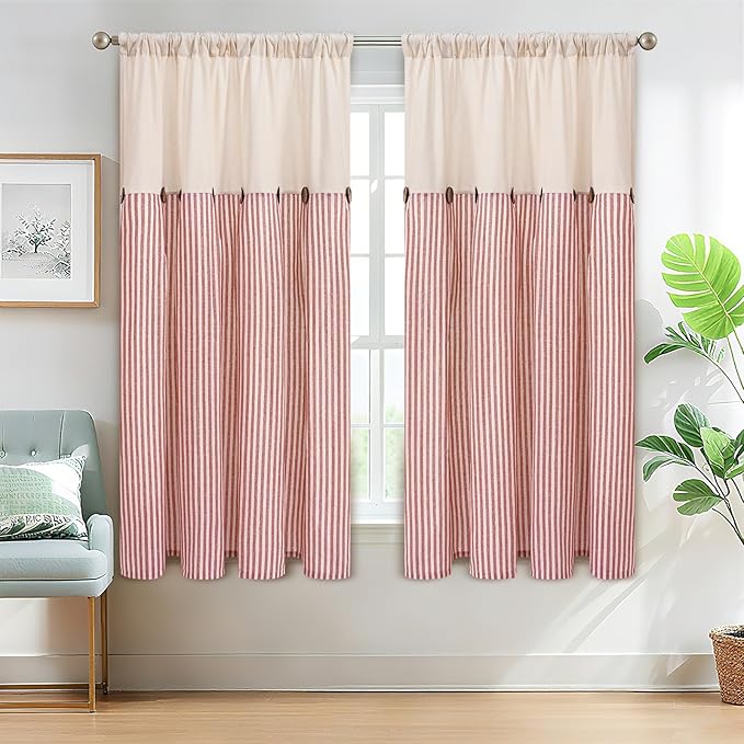 ASPMIZ Farmhouse Living Room Curtains Boho, Country Linen Curtains with Rustic Buttons, Rod Pocket & Back Tab Orange Striped Curtain for Bedroom Window Curtain, Home Decor, 52 x 63 Inch, 2 Panels
