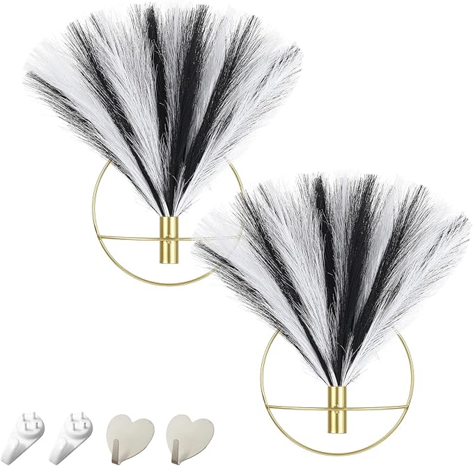 Pretty Jolly Boho Wall Decor - Hanging Artificial Pampas Display for Living Room, Bedroom, Bathroom, Dining Room - Wall-Mounted Metal Art, Plant Decor 2 Pack, Black, White, Gold