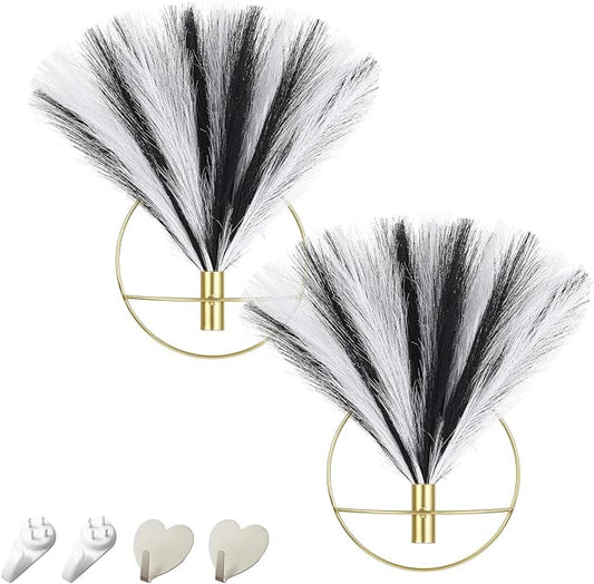 Pretty Jolly Boho Wall Decor - Hanging Artificial Pampas Display for Living Room, Bedroom, Bathroom, Dining Room - Wall-Mounted Metal Art, Plant Decor 2 Pack, Black, White, Gold
