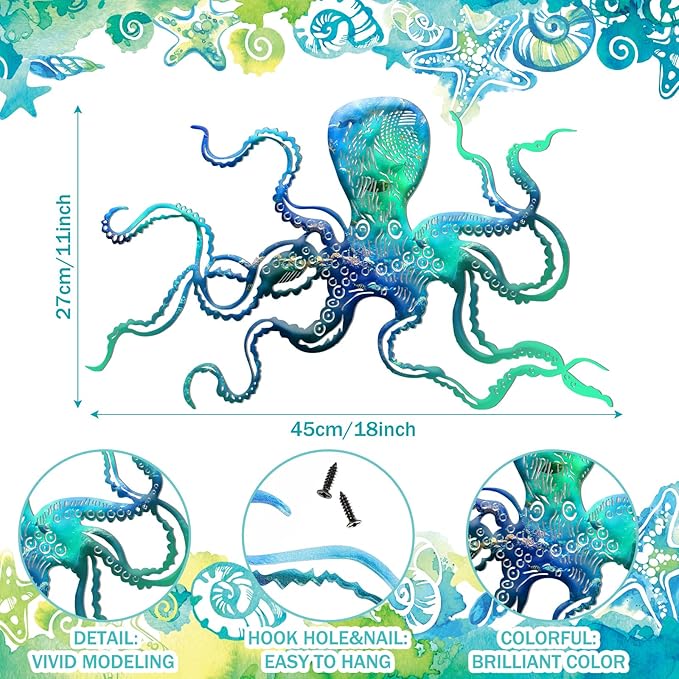Zhengmy Octopus Metal Wall Art Octopus Wall Decor 18 x 11 Inch Extra Large Tropical Nautical Hanging Sculpture Beach Ocean Theme Home Bedroom Decoration Summer Gifts(Ocean Blue)