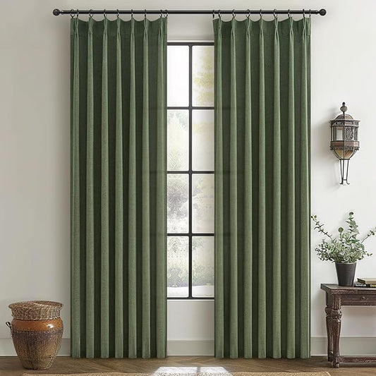 Custom Olive Green Pinch Pleated Drapes Linen Blend Light Filtering Curtains 86 Inches Long for Dining Room 2 Panels Set, Dark Academia Loden Memory Trained Sheer Curtain 84-86 Inch Length for Office