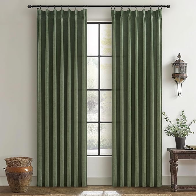 PleatedDrapes Loden Kitchen Window Curtains & Drapes 63 Inches Long 2 Panel Set, Pinch Pleat Natural Linen Sheer Dark Green Boho Light Filtering Curtain Back Tab for 40 x 63 Inch Length Small Windows