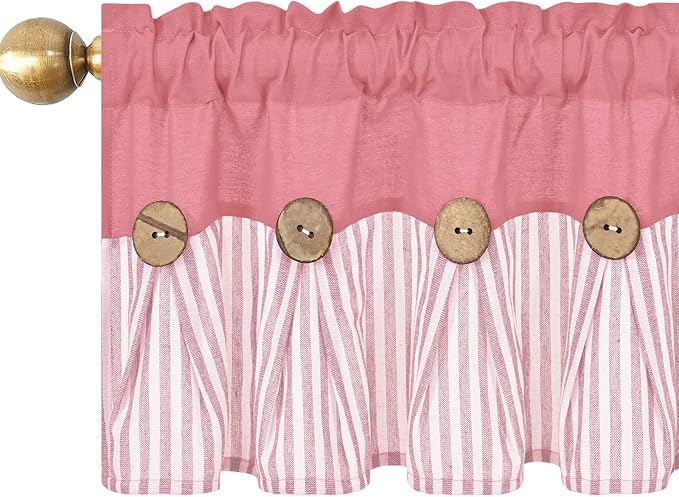 ASPMIZ Farmhouse Cotton Linen Valances for Windows, Boho Kitchen Curtains Valances with Rustic Button, Pink Striped Window Treatments Curtain Valance for Bathroom Cafe, 60 x 14 Inch, 1 Pannel