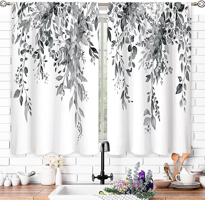 Eucalyptus Botanical Leaves Grey Floral Kitchen Window Curtains Over Sink Farmhouse Flower Leaf Small Window Treatment Cafe Short Curtains for Bathroom Treatment Tier Drapes 26x36 inch