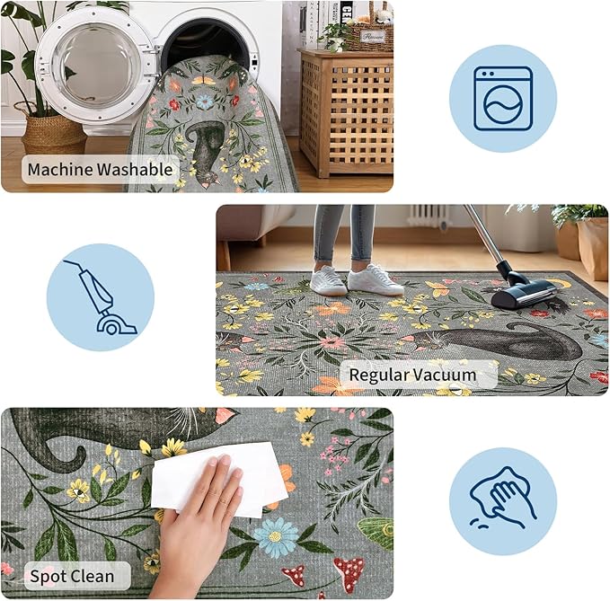 GarveeHome 4x6 Cat Washable Area Rug for Nursery Room, Mushroom Floral Grey Bedroom Rug Non Slip Low Pile Butterfly Carpet Stain Resistant Throw Rug for Dorm Kids Room Office Dining Room