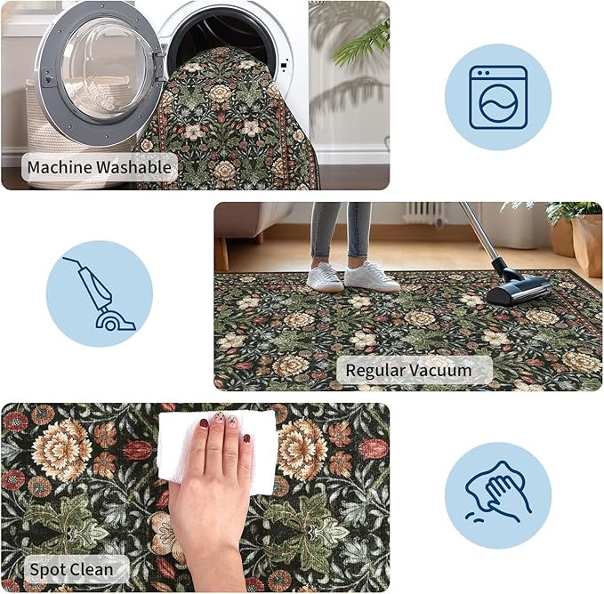 GarveeHome Small Forest Green Entryway Rug, 2x3 Washable Front Door Rug Indoor Entrance Floral Carpet Non-Slip Low Pile Throw Rugs for Kitchen Floor, Powder Room, Entry, Bathroom, Kids Room