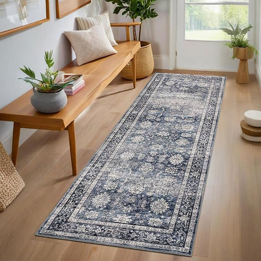 GarveeHome Washable Runner Rugs 2.5x10 for Hallway Kitchen Non-Slip Soft Ultra-Thin Hall Runners Non-Shedding Traditional Floor Carpet Vintage Throw Mat for Bathroom Laundry Blue