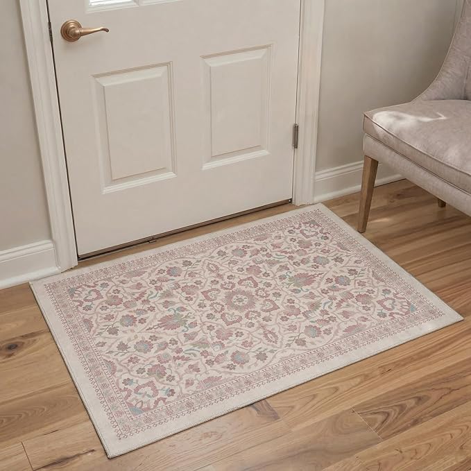GENIMO Runner Rug for Hallways Machine Washable, 2x7 Non Slip Boho Vintage Lightweight Washable Runners, Thin Floor Rugs for Entryway Hallway Bathroom Laundry Room Corridor, Dusty Rose