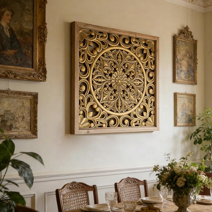 XIAOAIKA Boho Carved Wood Wall Sculpture, Intricate Floral Mandala Design with Distressed Gold Finish, Vintage Farmhouse Wall Art Panel with Solid Wood Frame for Bedroom Entryway (22.5" x 22.5")
