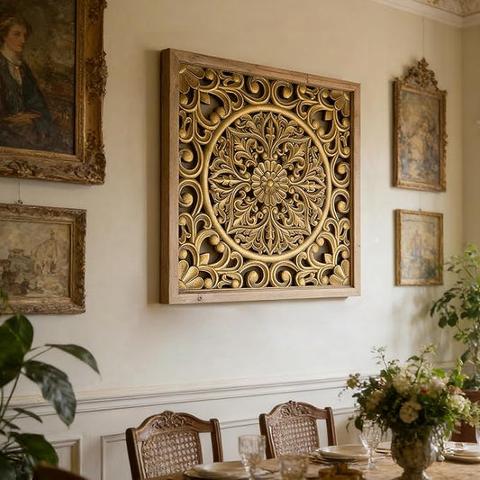 XIAOAIKA Boho Carved Wood Wall Sculpture, Intricate Floral Mandala Design with Distressed Gold Finish, Vintage Farmhouse Wall Art Panel with Solid Wood Frame for Bedroom Entryway (22.5" x 22.5")